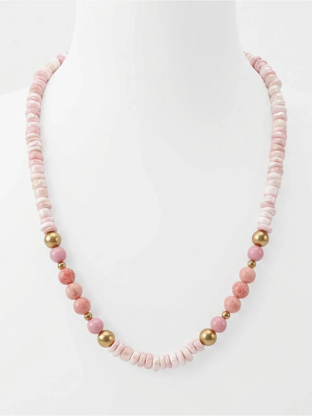 Vintage Conch Shell Round Bead Pink and White Beaded Necklace - Picture 1 of 11